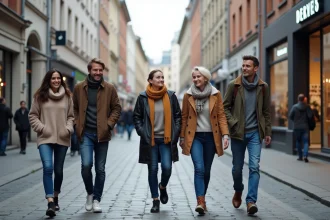 Groupe de personnes souriantes marchant dans une rue piétonne sécurisée d'une ville scandinave, illustrant la sécurité et la sérénité urbaine