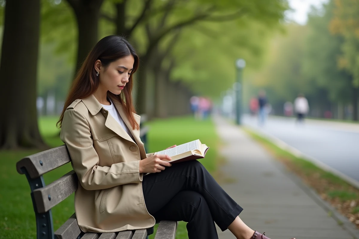 Jeune femme lisant tranquillement sur un banc de parc dans un environnement urbain sécurisé, évoquant la sérénité et la sûreté dans les pays les mieux classés mondialement
