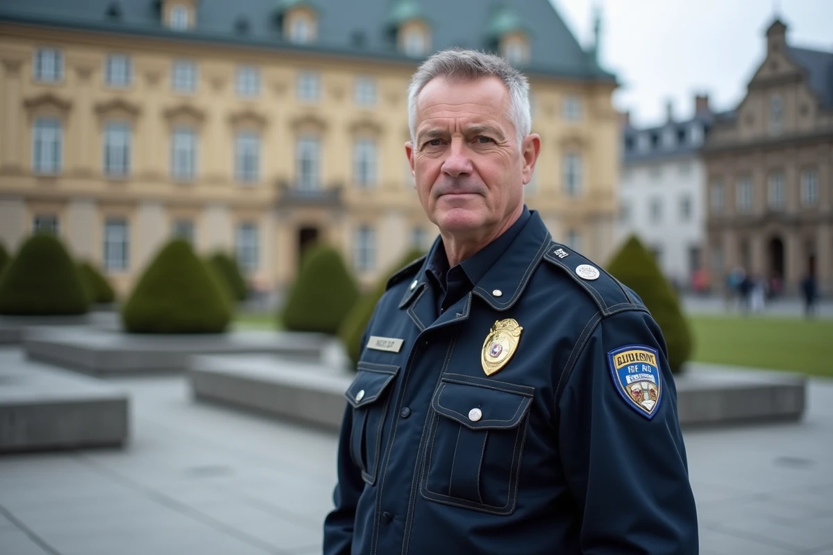 Officier de police en uniforme posté dans une place publique calme en Europe, symbolisant la sécurité et l'ordre public dans les pays les plus sûrs du monde