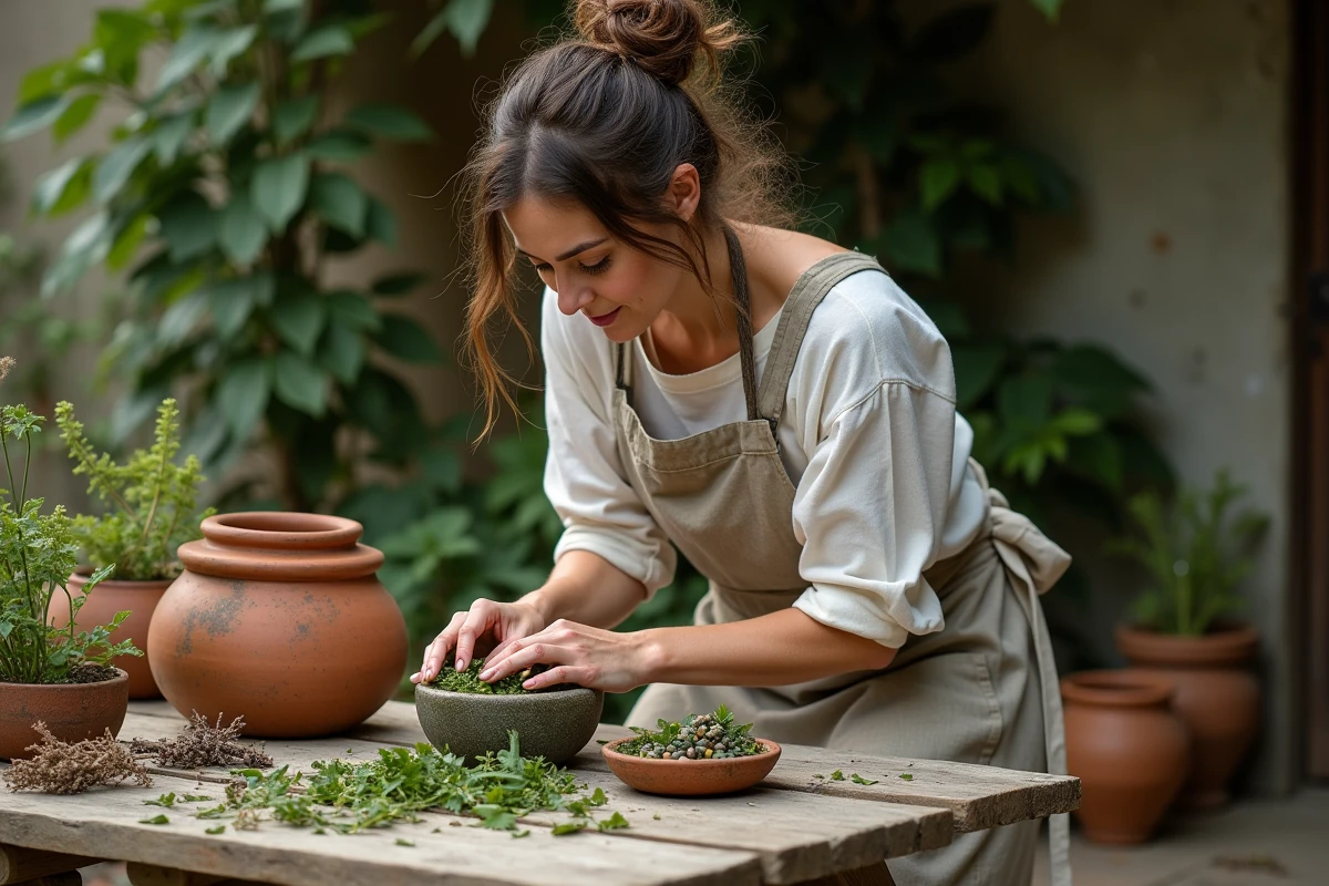 Femme préparant de la peinture naturelle à base de plantes en écrasant des feuilles dans un mortier en pierre dans un jardin rustique