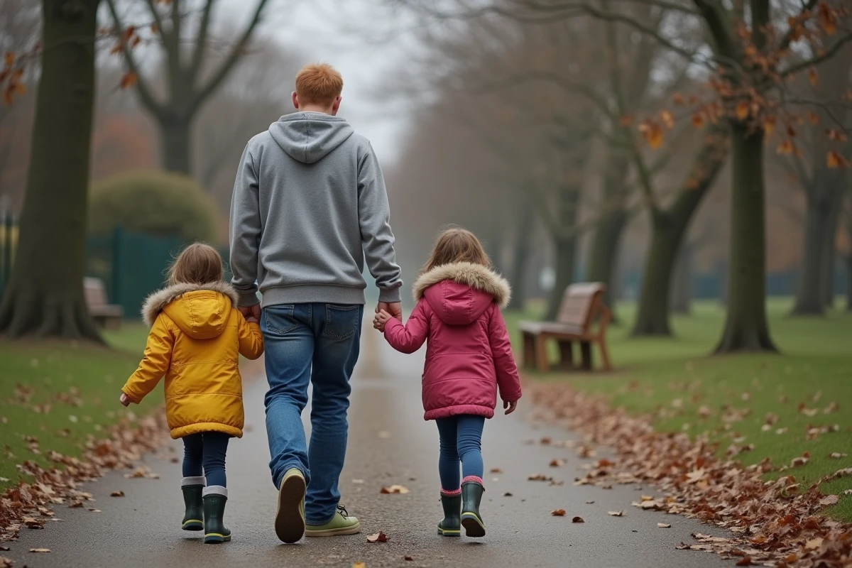 Père célibataire se promenant avec ses deux filles dans un parc en automne, illustrant la monoparentalité au quotidien