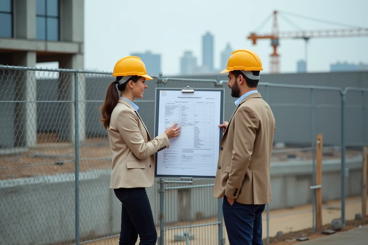 Agents municipaux consultant un permis de construire devant un chantier urbain en France