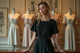 Femme élégante portant une petite robe noire classique dans une boutique parisienne vintage avec des croquis de mode en arrière-plan