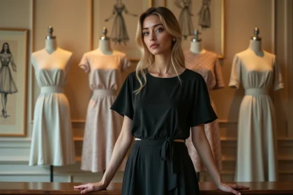 Femme élégante portant une petite robe noire classique dans une boutique parisienne vintage avec des croquis de mode en arrière-plan