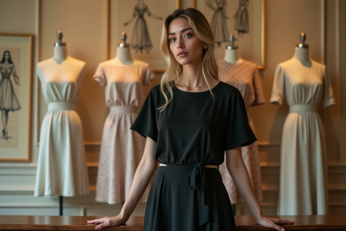 Femme élégante portant une petite robe noire classique dans une boutique parisienne vintage avec des croquis de mode en arrière-plan