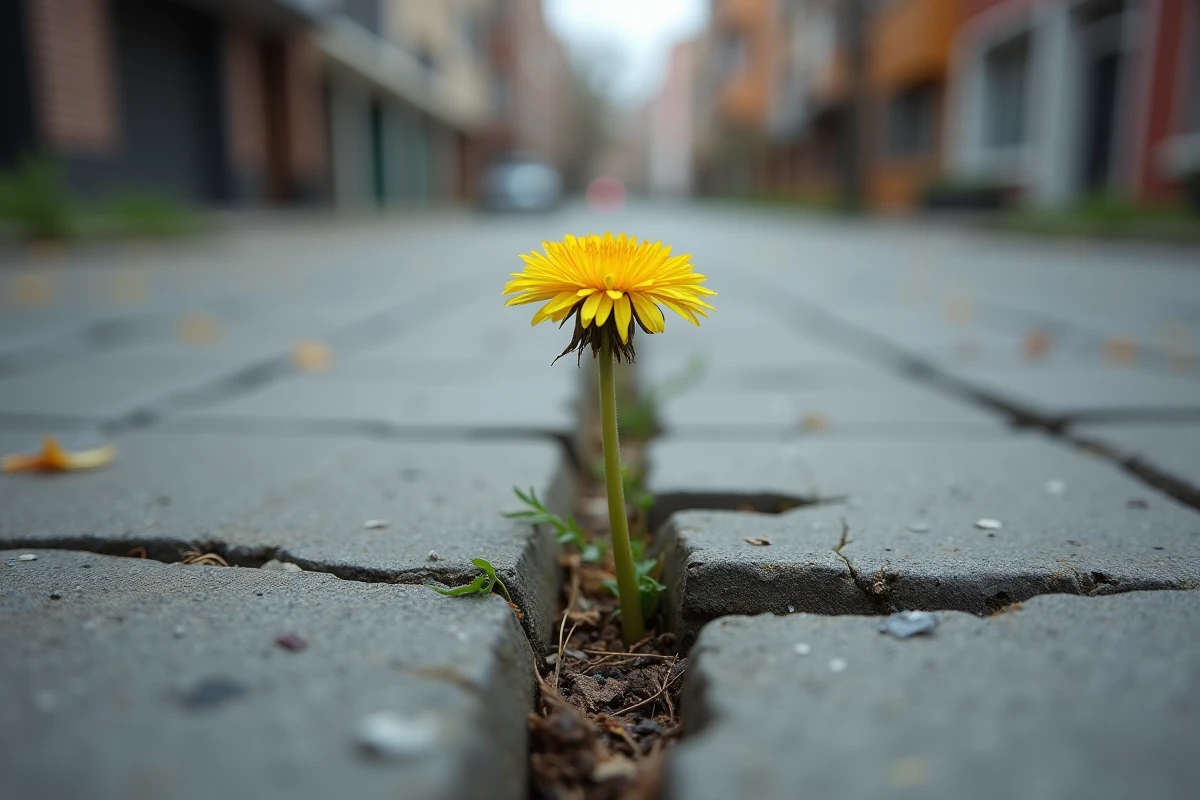 Pissenlit jaune poussant à travers une fissure dans le béton urbain, symbole de résilience végétale