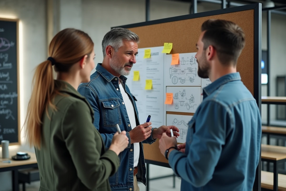 Équipe collaborant autour d'un tableau de plan de mobilité dans un espace de coworking