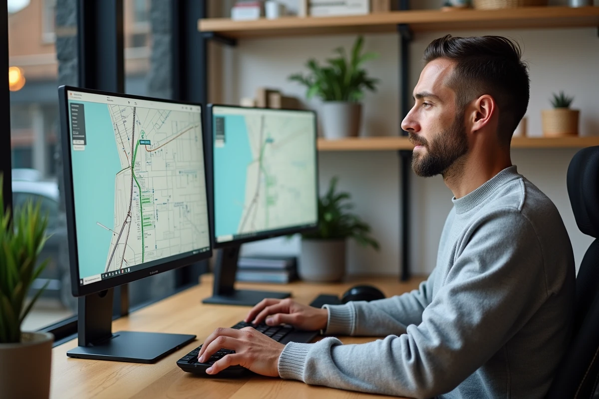 Professionnel travaillant sur un logiciel de plan de mobilité depuis son bureau à domicile