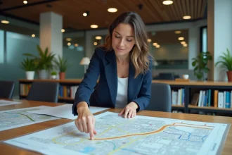 Urbaniste analysant un plan de mobilité urbaine sur une table de réunion avec des cartes imprimées