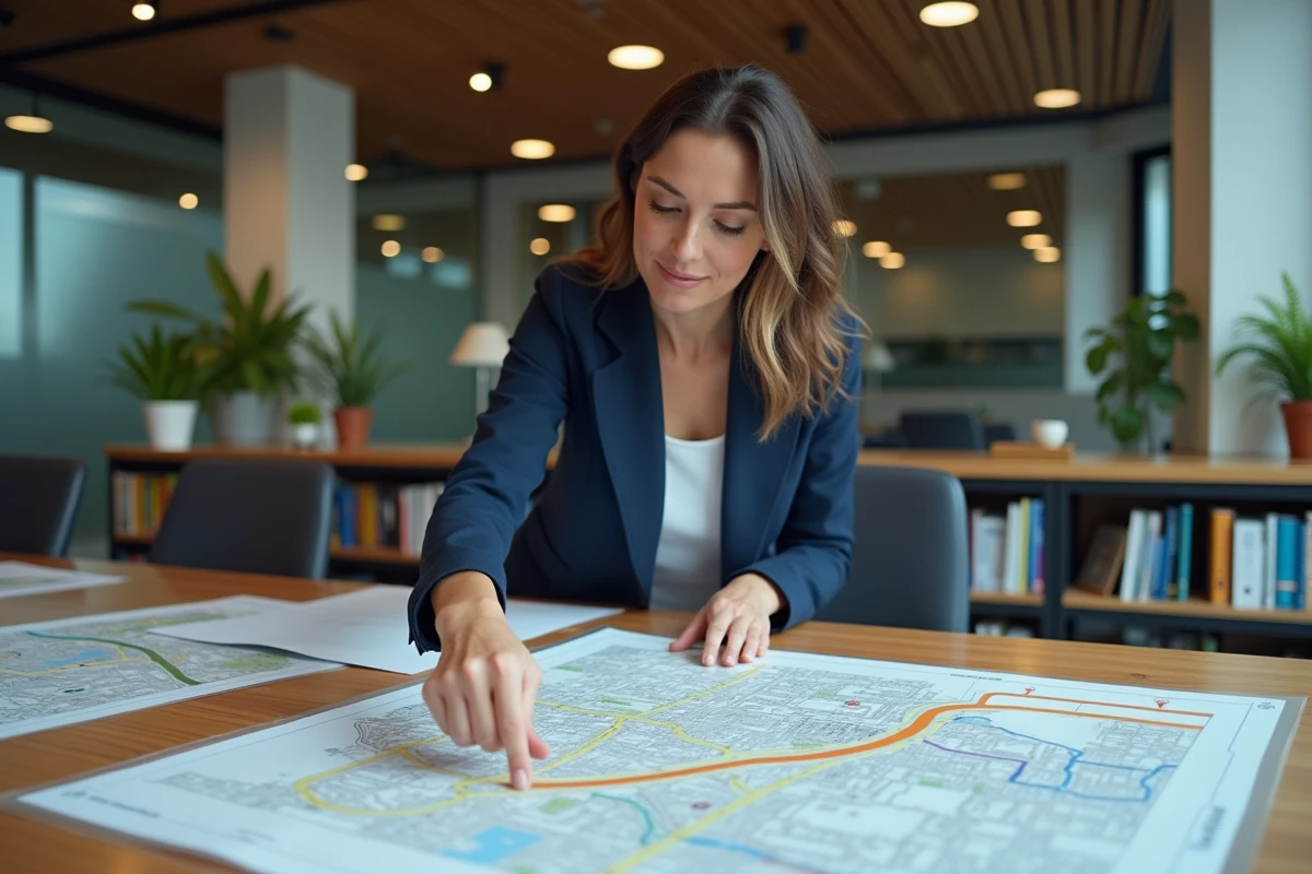 Urbaniste analysant un plan de mobilité urbaine sur une table de réunion avec des cartes imprimées