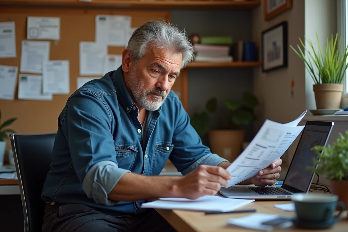 Plombier senior examinant un devis imprimé dans son bureau avec un ordinateur portable et des catalogues techniques