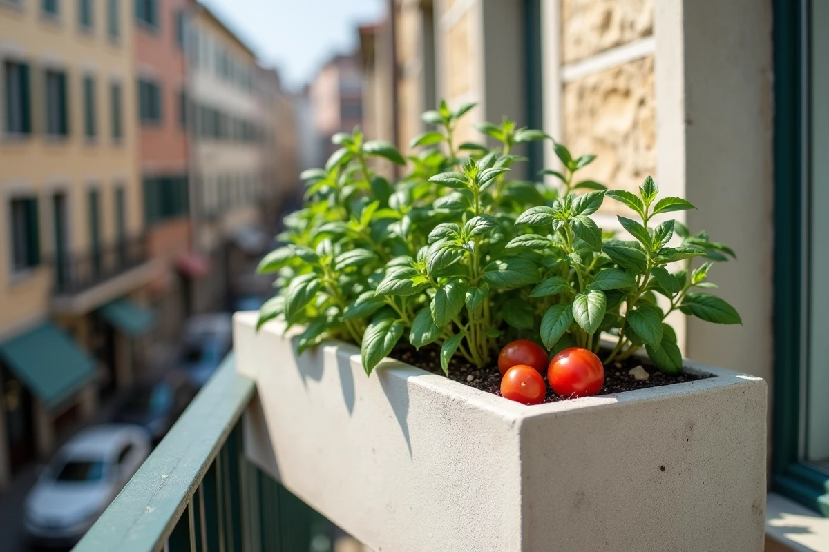 Potager surélevé en béton sur un balcon urbain avec vue sur des façades de ville européenne
