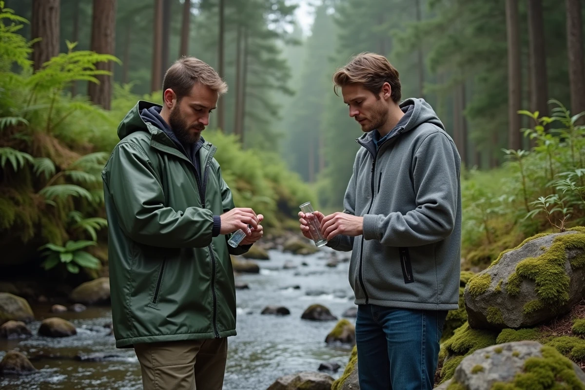 Deux chercheurs prélevant des échantillons d'eau dans un cours d'eau forestier pour surveiller la qualité environnementale dans le cadre d'un projet de développement durable