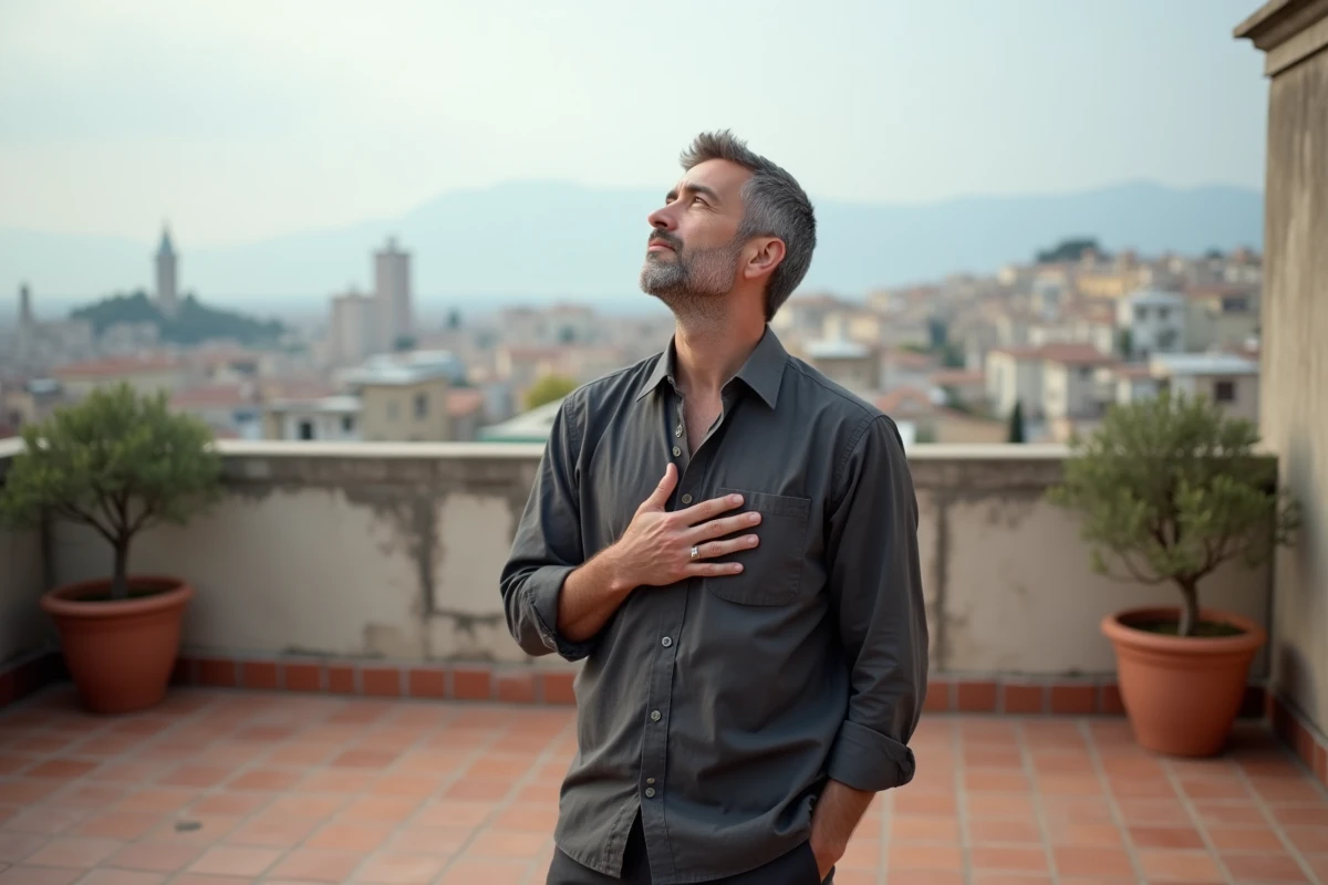 Homme debout sur une terrasse urbaine le regard vers le ciel, symbolisant un moment de prise de conscience et d'éveil intérieur
