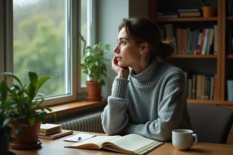 Femme pensive assise à un bureau en bois près d'une fenêtre sous la pluie, illustrant la prise de conscience et l'introspection