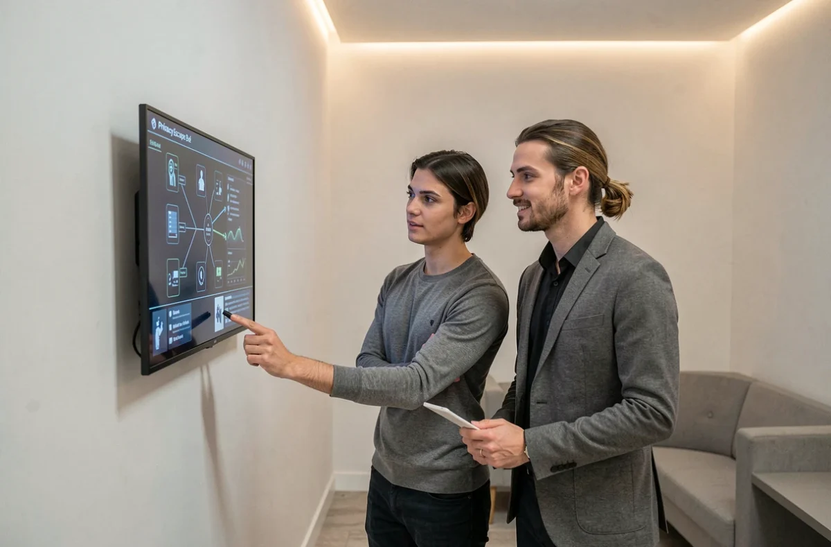Couple résolvant une énigme numérique dans l'escape room Privacy Escape à Boé