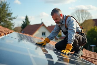 Technicien inspectant des panneaux solaires photovoltaïques sur le toit d'une maison individuelle pour produire de l'électricité