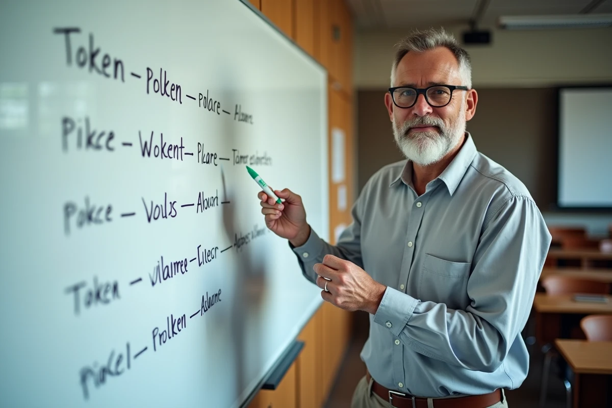Professeur universitaire expliquant le concept de tokenisation des LLM devant un tableau blanc rempli de segments de texte annotés
