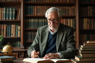 Portrait d'un professeur de sociologie dans son bureau universitaire entouré de livres académiques
