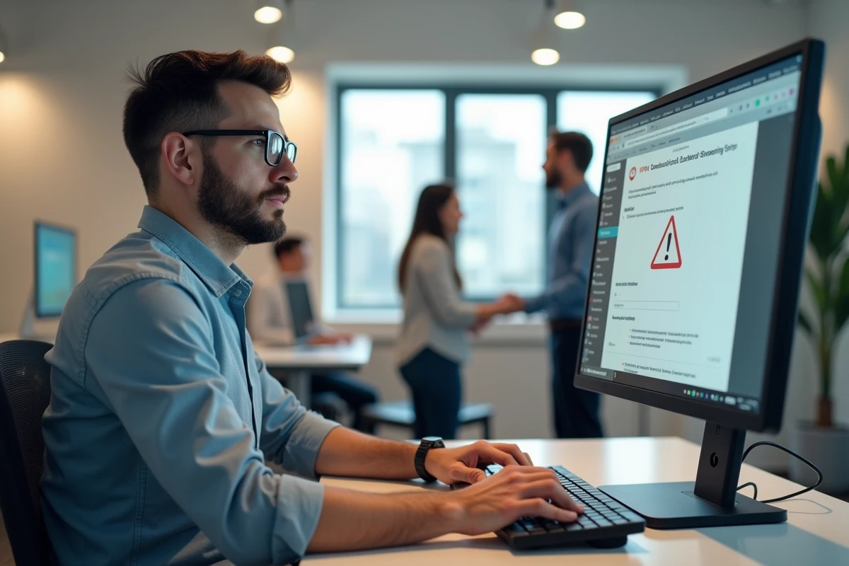 Professionnel configurant un VPN pour contourner le blocage Netflix sur un grand écran dans un espace de coworking