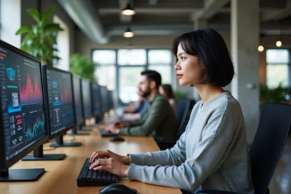 Une professionnelle du secteur digital travaillant sur des tableaux de bord analytiques dans un bureau moderne en open space