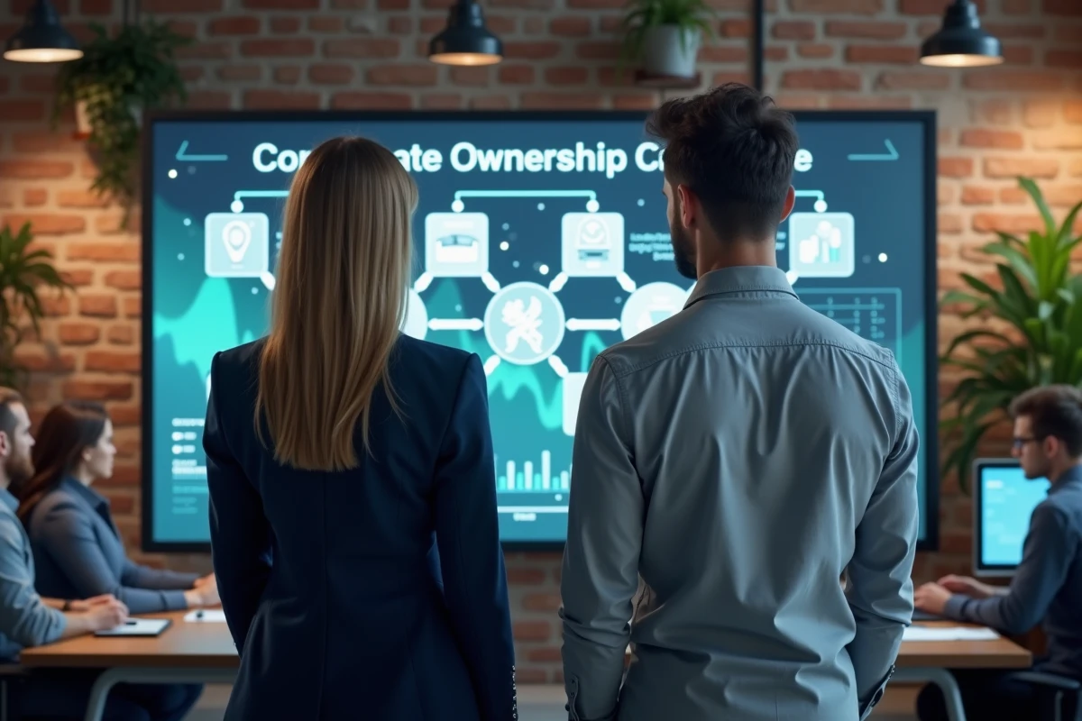 Deux professionnels en entreprise technologique analysant un diagramme de participation d'investissement Microsoft dans OpenAI sur écran interactif