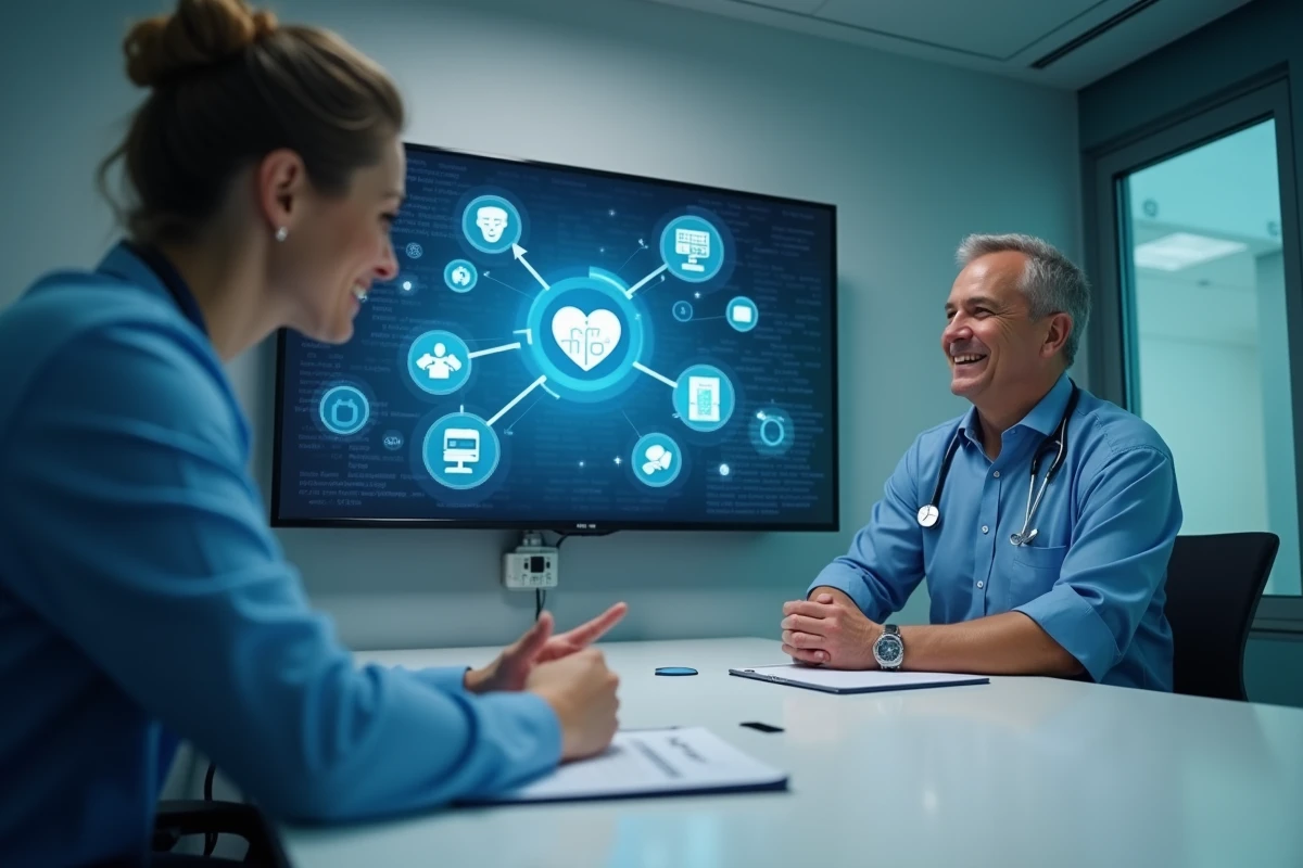 Deux professionnels de santé discutant des concepts de santé numérique devant un écran interactif en salle de réunion hospitalière