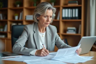 Femme examinant des documents fiscaux liés à la vente d'une maison à son bureau