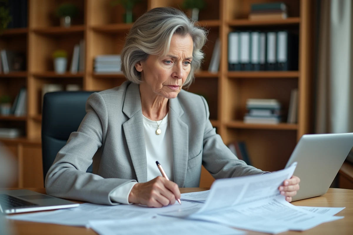 Femme examinant des documents fiscaux liés à la vente d'une maison à son bureau