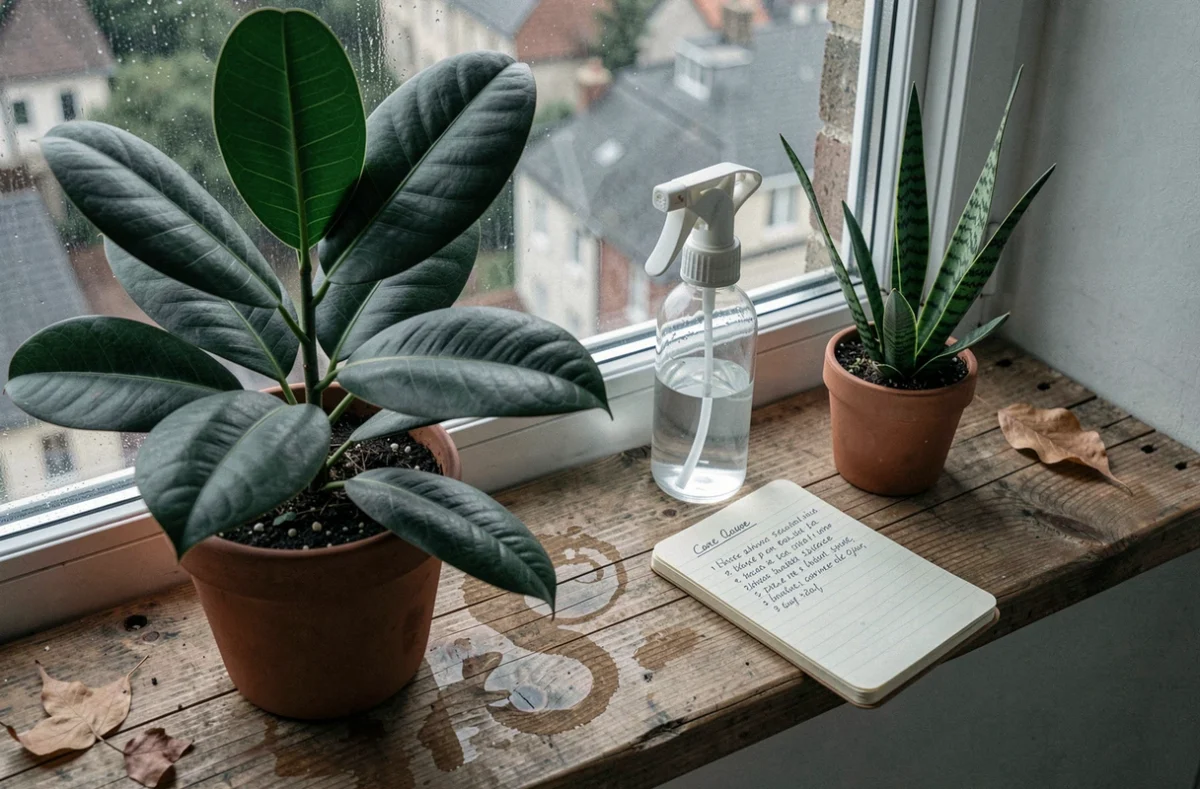 Appui de fenêtre avec des plantes d'intérieur, un vaporisateur et un carnet de soins pour entretenir les plantes toute l'année