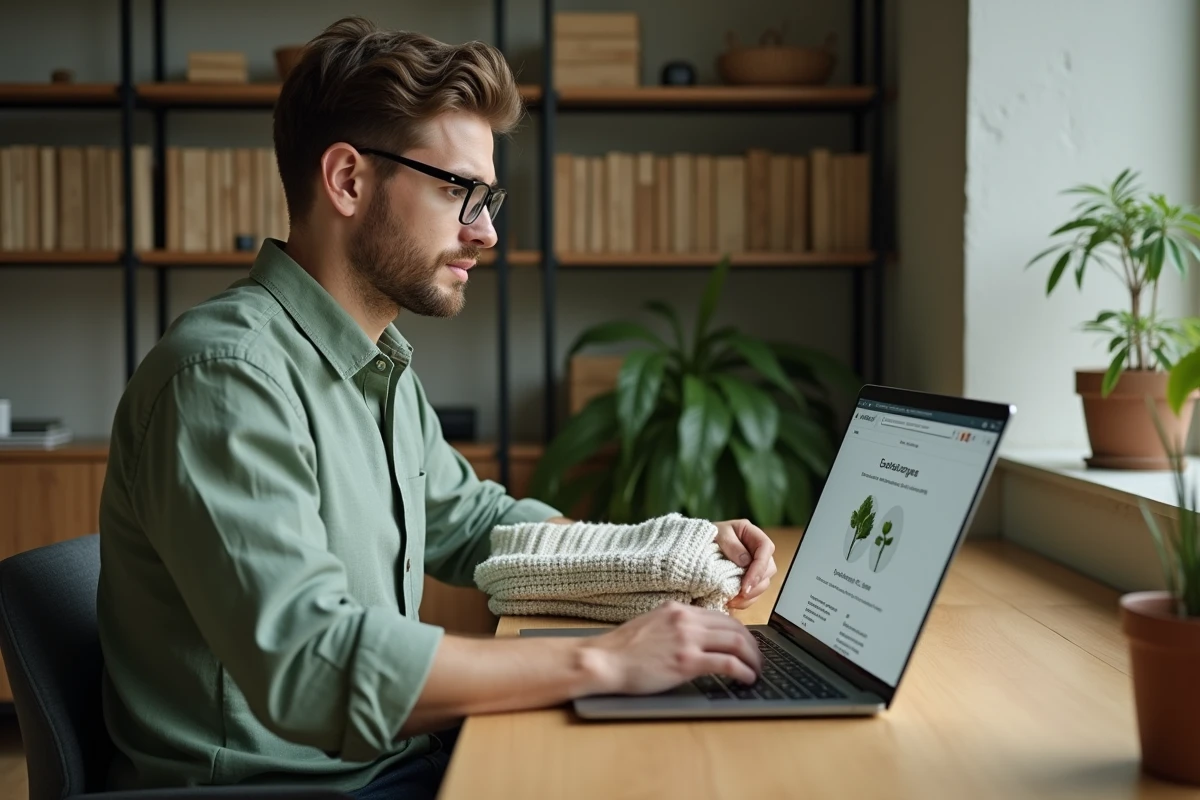 Homme recherchant les certifications éthiques d'un pull sur un ordinateur portable à son bureau à domicile