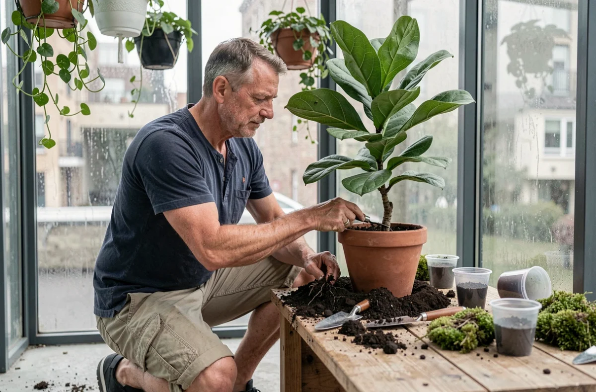Homme rempotant un ficus lyrata dans une véranda vitrée avec des outils de jardinage sur un établi en bois