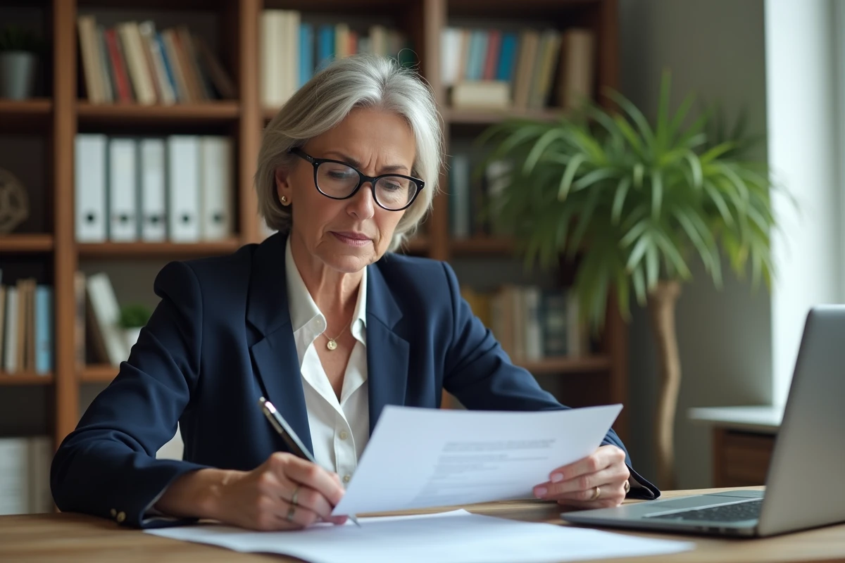 Femme d'affaires analysant des documents de prêt hypothécaire à son bureau à domicile