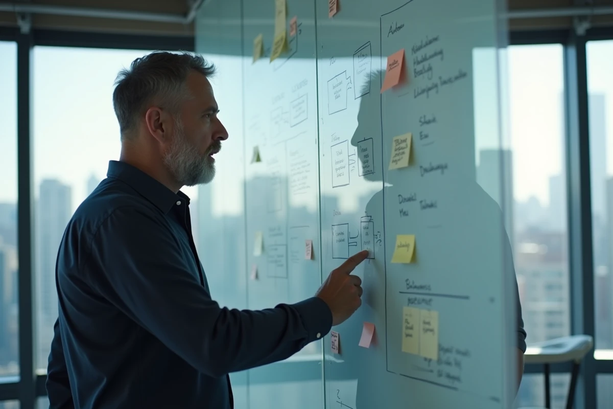 Un responsable digital présentant une stratégie numérique devant un tableau blanc dans une salle de réunion de startup