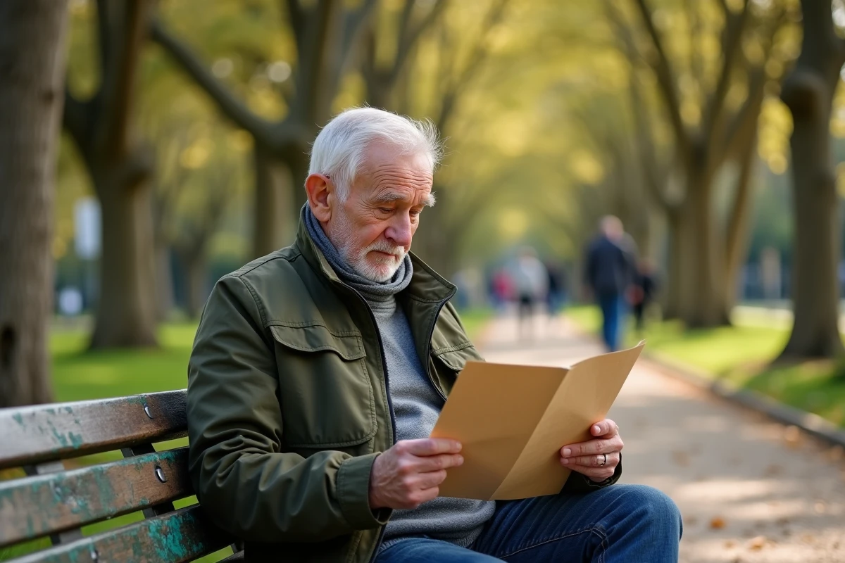 Retraité ancien facteur lisant son relevé de pension sur un banc dans un parc urbain français
