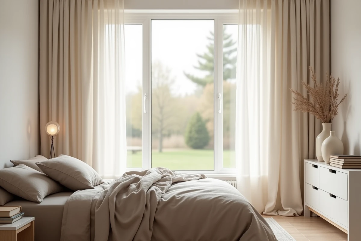 Chambre scandinave minimaliste avec rideaux en lin blanc cassé et transparents, fenêtre ouverte sur un jardin flou
