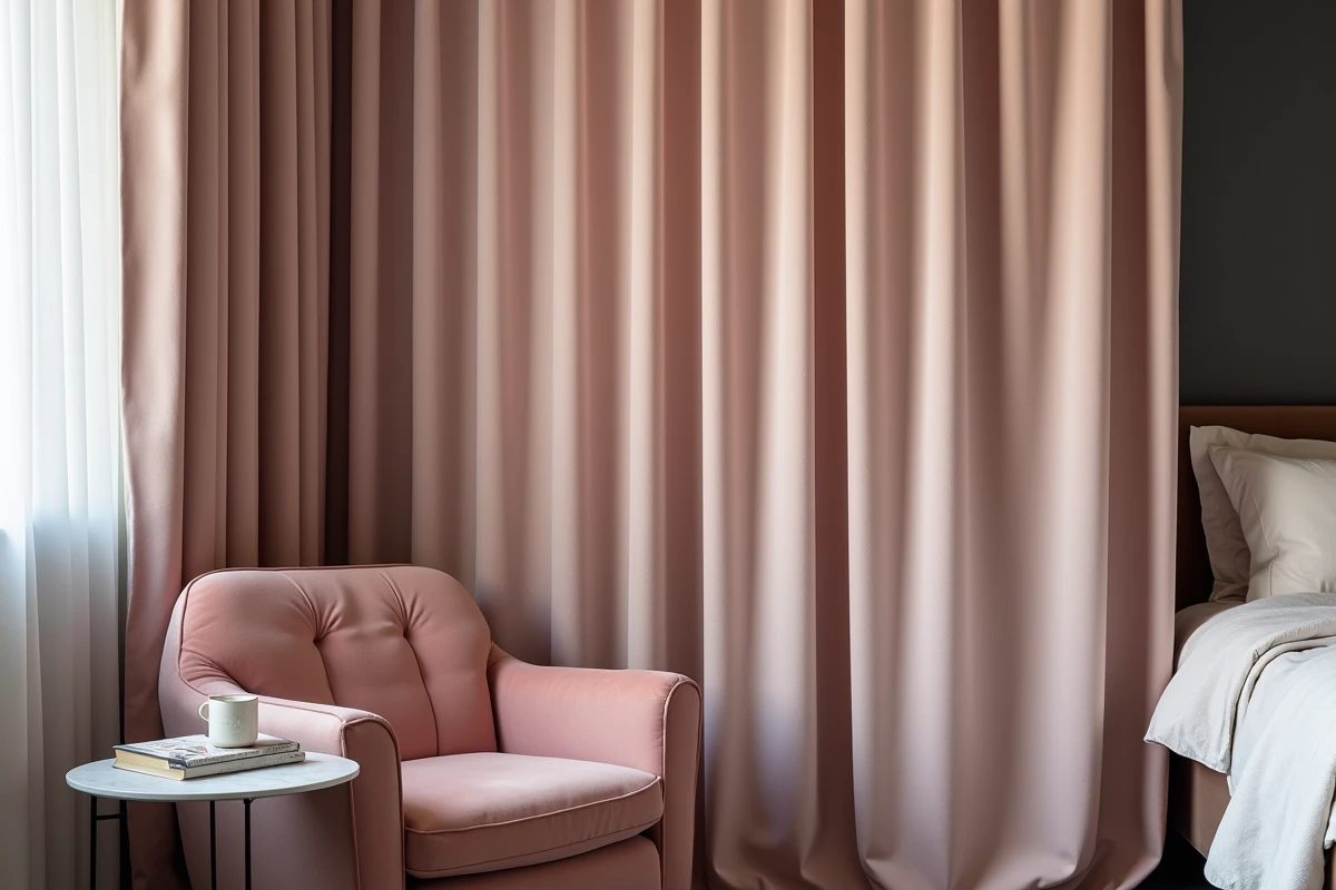 Coin chambre élégant avec rideaux occultants rose blush et fauteuil en velours, mur gris anthracite en arrière-plan
