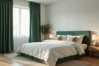 Chambre à coucher avec rideaux en velours vert sauge tombant jusqu'au sol, lit en lin blanc et parquet en chêne clair