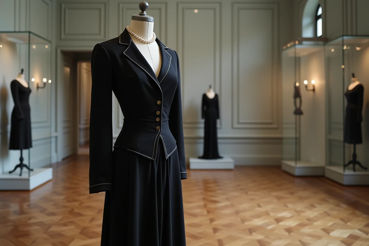 Robe noire des années 1920 exposée sur un mannequin dans une salle d'exposition de mode historique avec parquet et vitrines