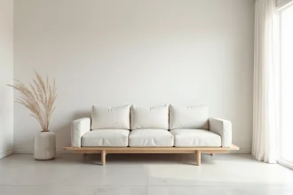 Salon minimaliste épuré avec canapé en chêne blanc, vase céramique unique et murs blancs texturés