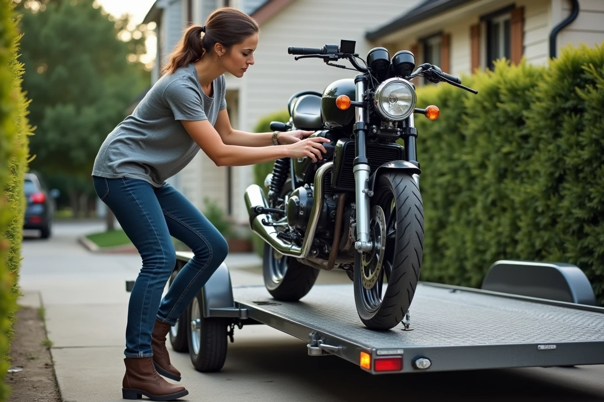 Femme sanglant une moto sur une remorque dans une allée résidentielle avec sangles d'arrimage