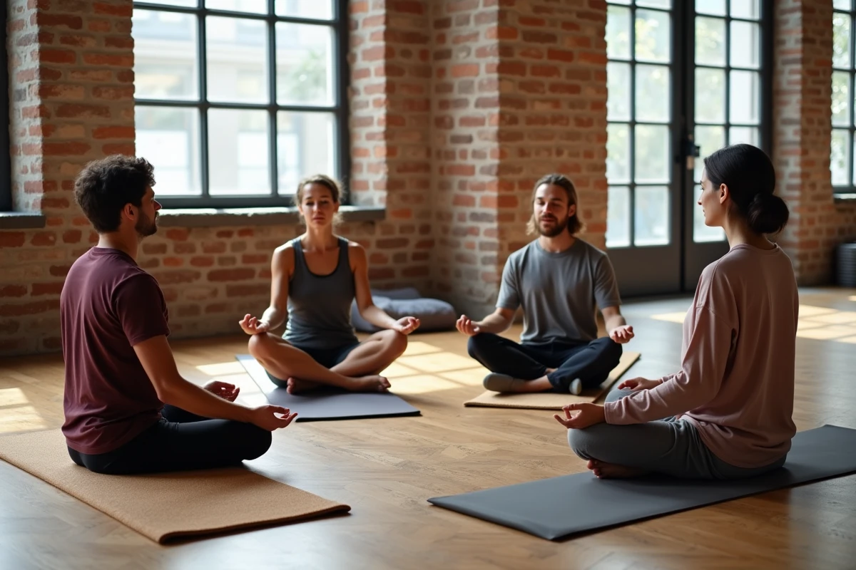 Groupe d'adultes en cercle lors d'une séance collective de breathwork dans un loft lumineux