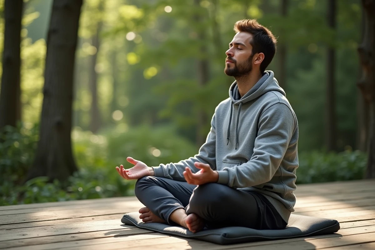 Homme assis en plein air sur une terrasse en bois pratiquant le breathwork en pleine nature