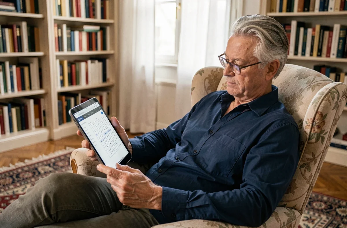 Homme senior abonné Ouest-France résolvant des mots croisés en ligne sur tablette dans son salon