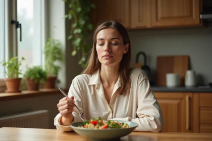 Femme pratiquant l'alimentation intuitive à table, à l'écoute de ses signaux de faim