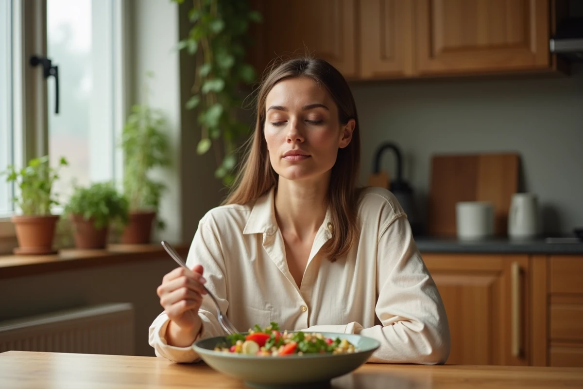 Femme pratiquant l'alimentation intuitive à table, à l'écoute de ses signaux de faim