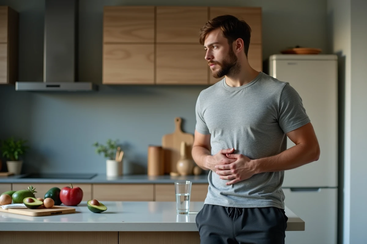 Homme à l'écoute de ses signaux de faim dans une cuisine moderne lors d'une approche intuitive de l'alimentation