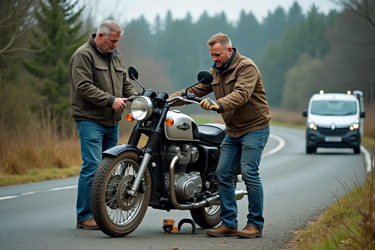Deux hommes soulevant une moto avec un cric hydraulique sur le bord d'une route rurale