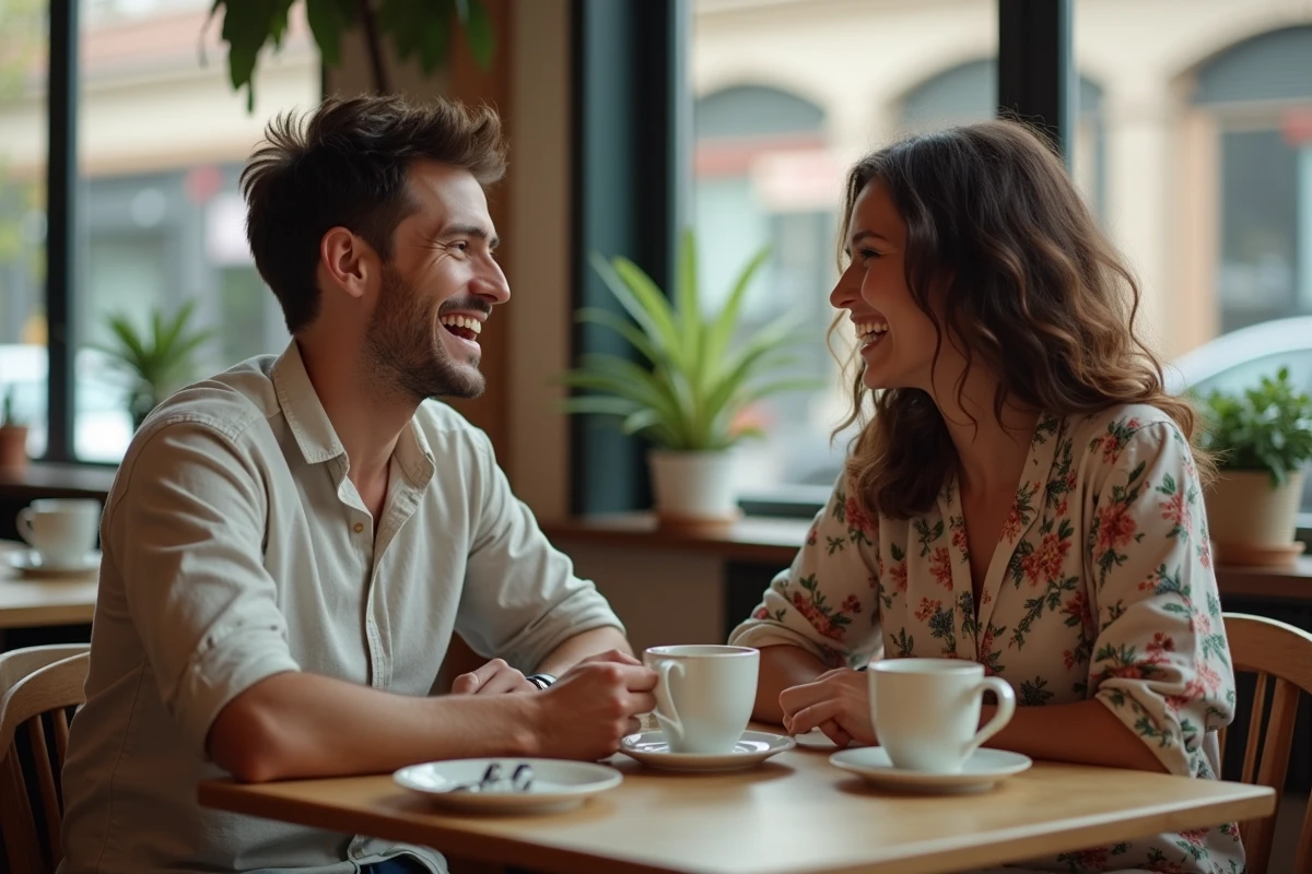 Deux adultes partageant une conversation chaleureuse dans un café, symbolisant les liens émotionnels et la diversité des orientations affectives comme la spectrasexualité