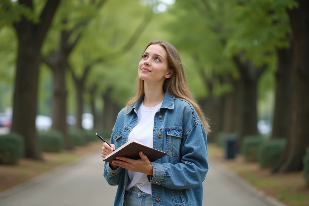 Femme adulte tenant un journal dans un parc urbain, moment de réflexion personnelle sur l'identité et l'orientation affective spectrasexuelle
